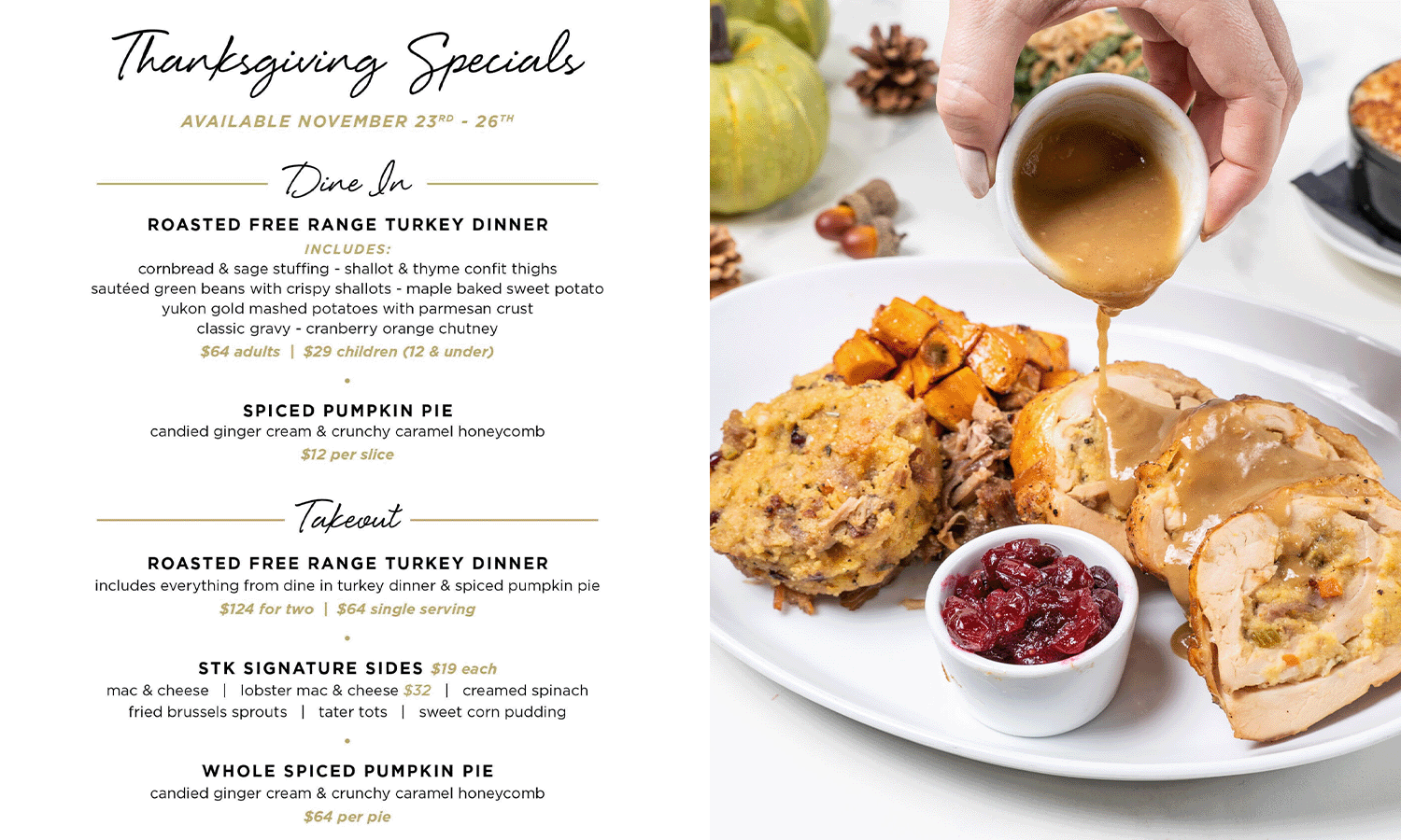 white menu with image of white plate and thanksgiving sides and gravy